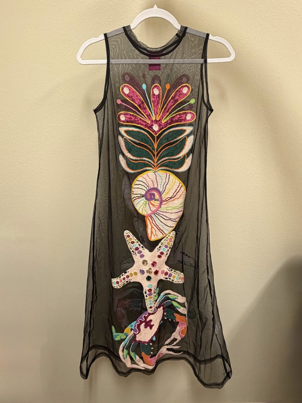QUEEN OF SPARKLES Black Sheer Midi Cover Up with Multicolor Embroidery